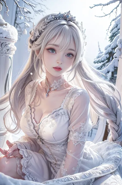 ((masterpiece:1.5,highest quality,Highly detailed images,Beautiful images、Realistic、Photorealistic、2.5D))(1girl, solo)(cute girl 、Asian Cute Girls、 medium breasts, white hair, aqua eyes、Beautiful big eyes、Sharp jaw、Small Nose、Narrow waist、Thin legs、Ideal b...