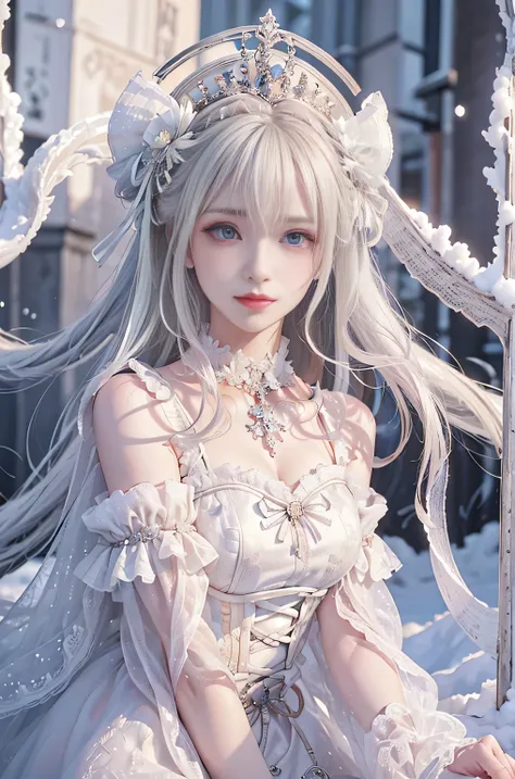((masterpiece:1.5,highest quality,Highly detailed images,Beautiful images、Realistic、Photorealistic、2.5D))(1girl, solo)(cute girl, medium breasts, white hair, aqua eyes、Beautiful big eyes、Sharp jaw、Small Nose、Narrow waist、Thin legs、Ideal body type、The colla...