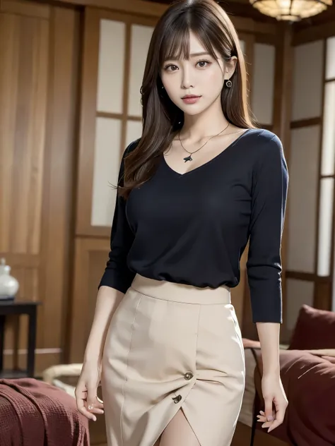 realistic,(ultra quality:1.2),japanese,high quality,masterpiece,(ultra detailed:1.4),neckless,ring,japanese lady,beautiful eye,beautiful face,(realistic shirt with showing through.:1.0),((living room)),(slender:1.5),highres,make up,(skirt:1.3),real backgro...