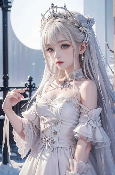 ((masterpiece:1.5,highest quality,Highly detailed images,Beautiful images、Realistic、Photorealistic、2.5D))(1girl, solo)(cute girl 、Asian Cute Girls、 medium breasts, white hair, aqua eyes、Small Head、Beautiful big eyes、Sharp jaw、Small Nose、Narrow waist、Thin l...