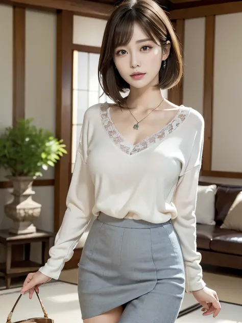 realistic,(ultra quality:1.2),japanese,high quality,masterpiece,(ultra detailed:1.4),neckless,ring,japanese lady,beautiful eye,beautiful face,(realistic shirt with showing through.:1.0),((living room)),(slender:1.5),highres,make up,(skirt:1.3),real backgro...