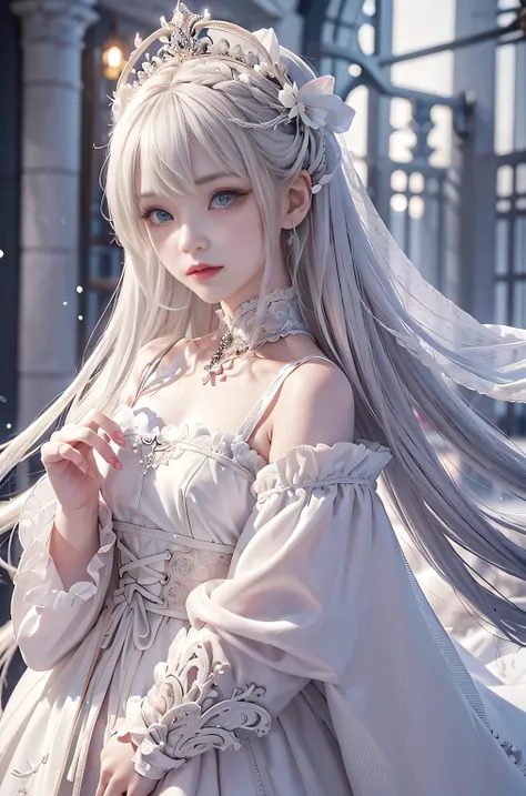 ((masterpiece:1.5,highest quality,Highly detailed images,Beautiful images、Realistic、Photorealistic、2.5D))(1girl, solo)(cute girl 、Asian Cute Girls、 medium breasts, white hair, purple eyes、Small Head、Beautiful big eyes、Sharp jaw、Small Nose、Narrow waist、Thin...