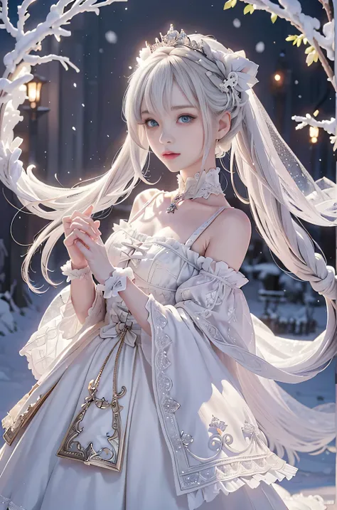((masterpiece:1.5,highest quality,Highly detailed images,Beautiful images、Realistic、Photorealistic、2.5D))(1girl, solo)(cute girl 、Asian Cute Girls、 medium breasts, white hair, purple eyes、Small Head、Beautiful big eyes、Sharp jaw、Small Nose、Narrow waist、Thin...