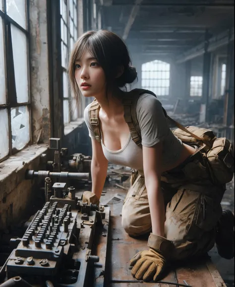 
8k,Realistic Photo、Realistic Skin Texture、Superrealism、Japanese women in the U.S. military、Searching for something in a mysterious abandoned factory、The concrete floor is cracked and wet.、Abandoned machinery is rusting and decaying.、Tattoo