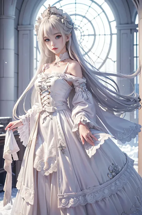 ((masterpiece:1.5,highest quality,Highly detailed images,Beautiful images、Realistic、Photorealistic、2.5D))(1girl, solo)(cute girl 、Asian Cute Girls、 medium breasts, white hair, purple eyes、Small Head、Beautiful big eyes、Sharp jaw、Small Nose、Narrow waist、Thin...