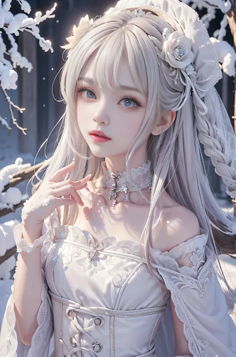 ((masterpiece:1.5,highest quality,Highly detailed images,Beautiful images、Realistic、Photorealistic、2.5D))(1girl, solo)(cute girl 、Asian Cute Girls、 medium breasts, white hair, purple eyes、Small Head、Beautiful big eyes、Sharp jaw、Small Nose、Narrow waist、Thin...