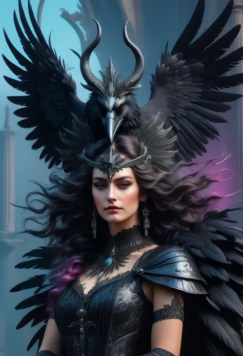A woman is wearing a gorgeous sleeveless dress, holding her chin with one hand, wearing exquisite makeup, with long white waves on her head, a pair of huge black wings on her back, and a pair of black feathers on her head. Horns, a crow standing on the sho...