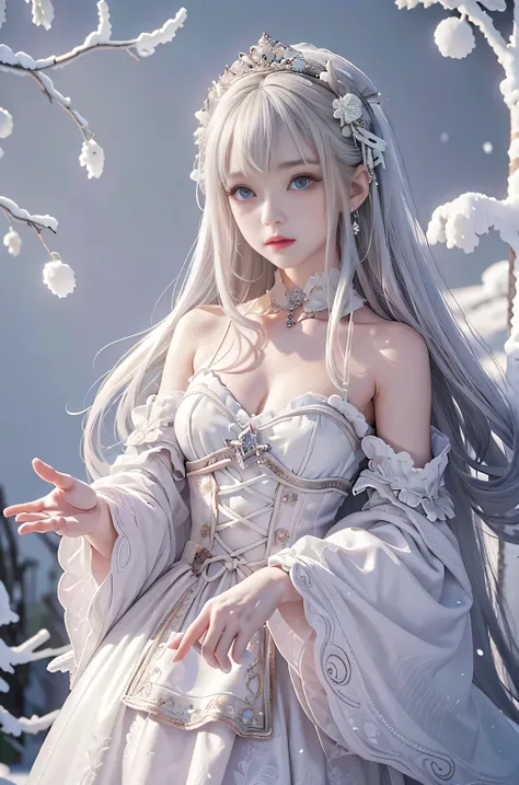 ((masterpiece:1.5,highest quality,Highly detailed images,Beautiful images、Realistic、Photorealistic、2.5D))(1girl, solo)(cute girl 、Asian Cute Girls、 large breasts, white hair, purple eyes、Small Head、Beautiful big eyes、Sharp jaw、Small Nose、Narrow waist、Thin ...