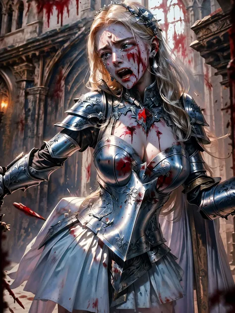 masterpiece, best quality photo,, (medieval fantasy:1.4), a beautiful 25 years old princess female knight is screaming in pain a...