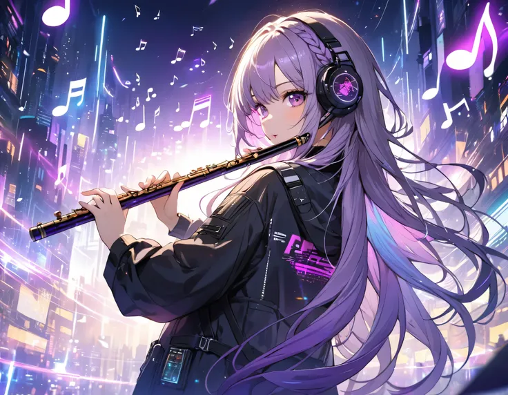 cyberpunk, white-purple gradient braided long hair twinkling lights, a beautiful girl playing a flute, music notes all around he...