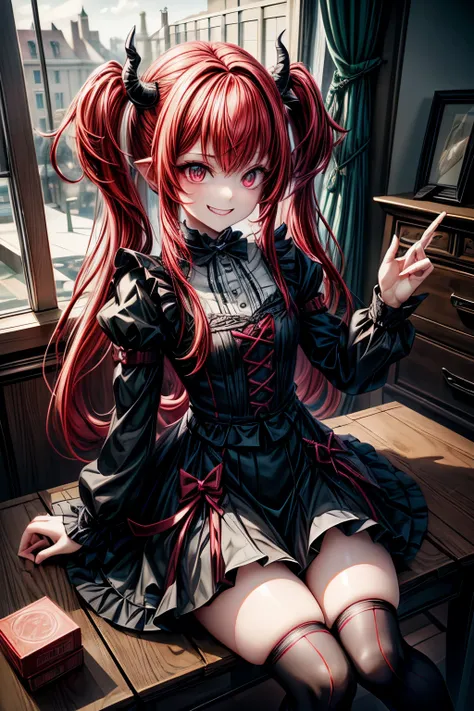 little devilish girl, red-haired twin-tailed, creepy smile, double teeth, mini devil, masterpiece, committed to ultra-high defin...