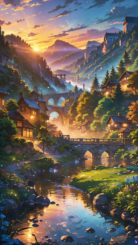 a small village by the river, mountains in background, colorful flowers, detailed landscape, beautiful nature scenery, atmospheric lighting, glowing sunset, warm color palette, realistic, photorealistic, detailed foliage, intricate architecture, cobbleston...