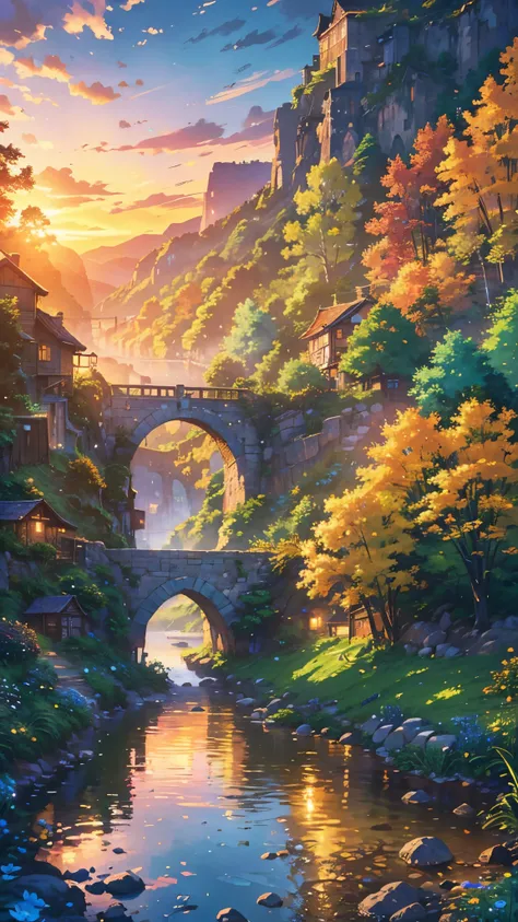 a small village by the river, mountains in background, colorful flowers, detailed landscape, beautiful nature scenery, atmospheric lighting, glowing sunset, warm color palette, realistic, photorealistic, detailed foliage, intricate architecture, cobbleston...