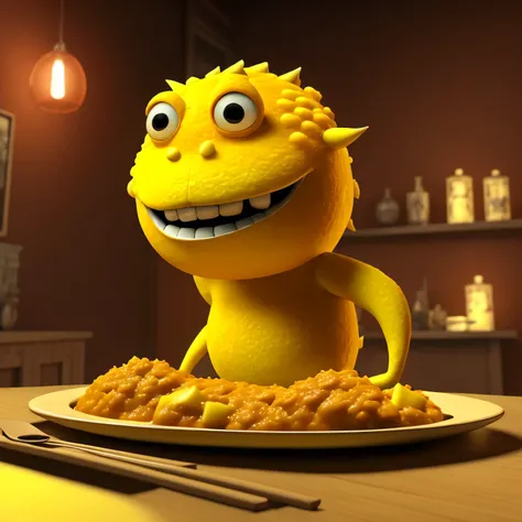 An endearing curry rice monster with a steaming plate of curry, happily eating, designed in Pixar’s style. The scene is warm and inviting, highlighting the monster’s love for spicy curry. --ar 1:1 --v 6.0 3D render