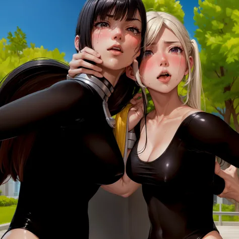 Two female fighters、Two Japan Girls、Close-up of a girl in a black leotard、Black glossy leotard、Black boots、Saiyan Girl, wonderful, Nano Girl, Female body type, Inspired by Hiromu Arakawa, Anime Manga Robot!! Anime Girls, Fubuki, Full Body Suit, by Hiromu A...