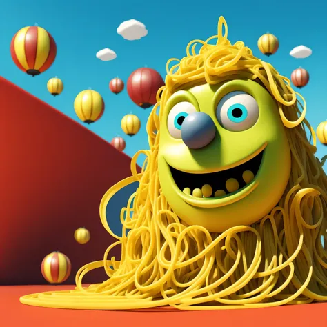 A lovely pasta monster twirling long noodles, smiling joyfully, set against an Italian background. The design is inspired by Pixar, capturing the fun and charm of the pasta-loving monster. --ar 1:1 --v 6.0 3D render