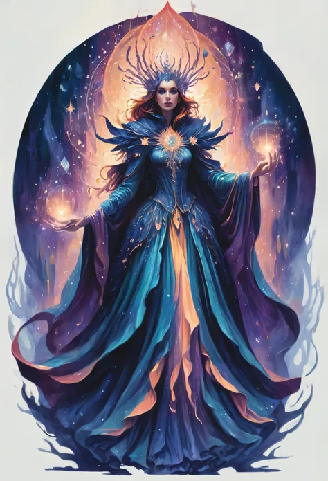 A mystical oneiromancer stands amidst the fading light of dusk, her attire sparkling as if made of crystallized dreams. The image depicts a spellbinding scene showcasing the enchanting figure with an ethereal quality. Her flowing garments glisten with an o...