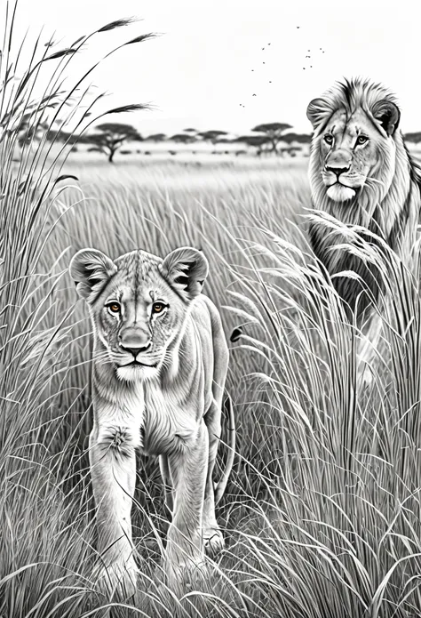 coloring page for kids,realistic detail of whole lion pack in the tall Africa grass lands, pack top quality, black and white