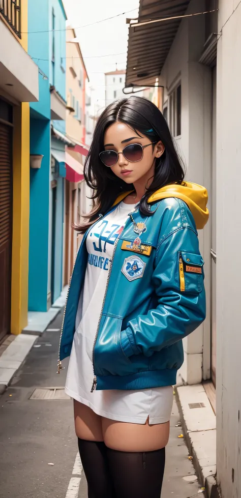  garota morena latina, com gatinho, lindo e fofo, wearing blue sunglasses, jaqueta amarela, moletom branco, many colorful buildings, baby face, estilo chibi, cabelo bicolor vermelho e azul, olhos com detalhes perfeitos, rosto delicado, CG perfeito, Qualida...