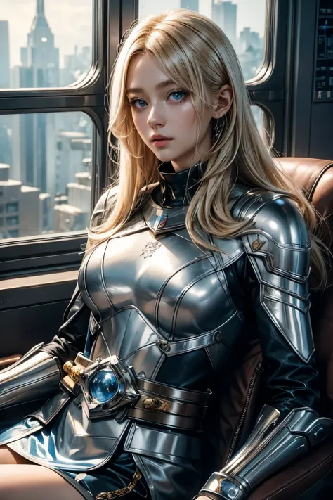 A beautiful blonde with blue eyes、He is sitting in a luxurious brown leather chair.。She wears a beautiful silver-white metallic battle suit.。On his waist is something reminiscent of a Kamen Rider transformation belt.。She is in the control room of a space b...