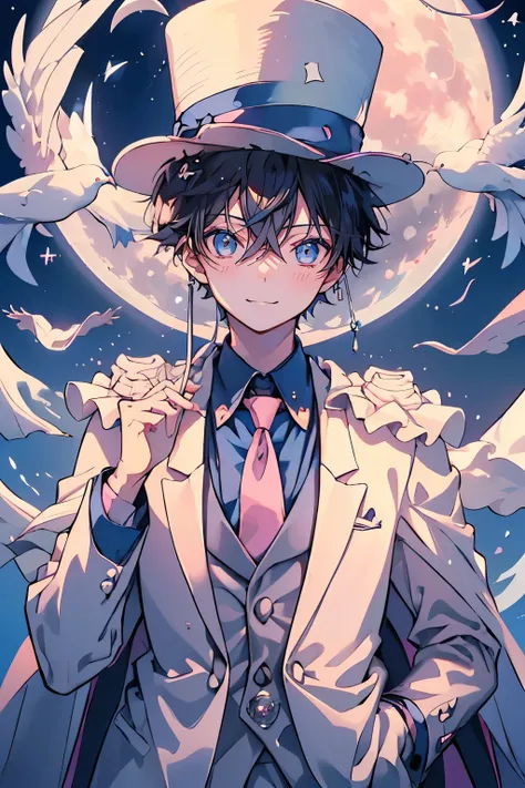 (Mastepiece), (Best Quality), Very detailed, ((17 year old boy:1.5)), Perfect Face, Beautiful Face, Very detailedな顔,(Black short hair:1.3),((White Suit 1.4))、(Blue Shirt)、(Pink tie)、((White Top Hat 1.4))、((White Cape:1.4))、(White Gloves 1.4)、(Monocle 1.3)、...