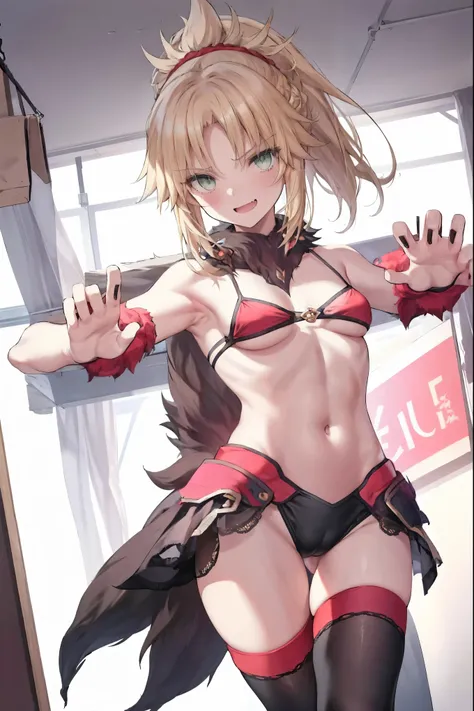 Masterpiece, Best Quality, illustration, city, 1girl, Mordred (fate), collarbone, Detailed blond hair ponytail braid, green eyes,,navel,thigh-high, covered_pussy,flat_chest,long_sworddangerousbeast,elbow_gloves,
,wolf_tail,wolf_ears,fang,happy,nihil,smile,...