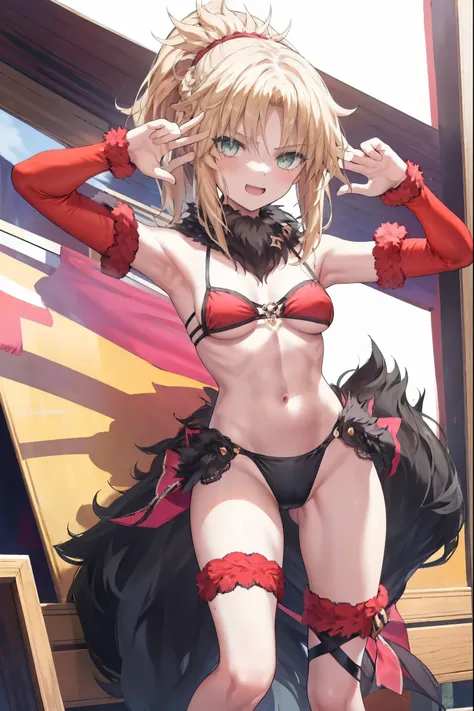 Masterpiece, Best Quality, illustration, city, 1girl, Mordred (fate), collarbone, Detailed blond hair ponytail braid, green eyes,,navel,thigh-high, covered_pussy,flat_chest,long_sworddangerousbeast,elbow_gloves,
,wolf_tail,wolf_ears,fang,happy,nihil,smile,...