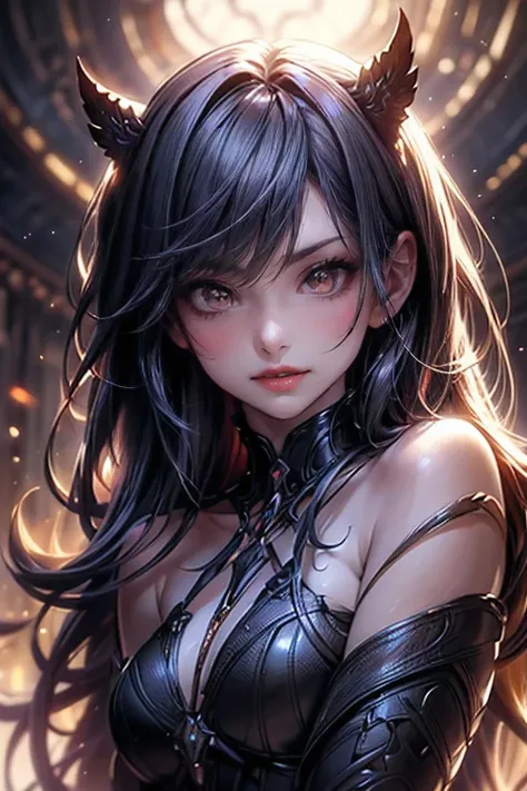 fantasic illustration, masterpiece:1.2, highest quality, highres, 16k, beautiful detailed, ultra-realistic, photo realistic:1.37,  beautiful cute vampiric girl bares her fangs and bites, cute face, pointy fangs, growing red eyes, shining pupils, blushed ch...