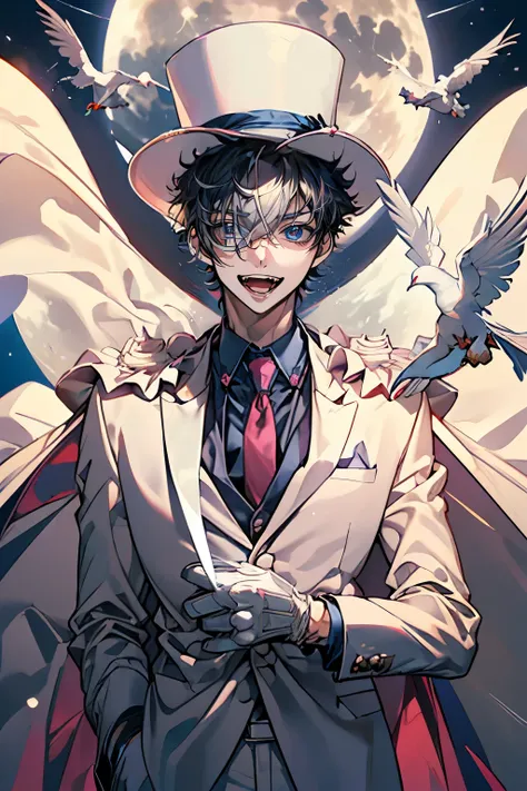(Mastepiece), (Best Quality), Very detailed, ((17 year old boy:1.5)), Perfect Face, Beautiful Face, Very detailedな顔,(Black short hair:1.3),((White Suit 1.4))、(Blue Shirt)、(Pink tie)、((White Top Hat 1.4))、((White Cape:1.4))、(White Gloves 1.4)、(Monocle 1.3)、...