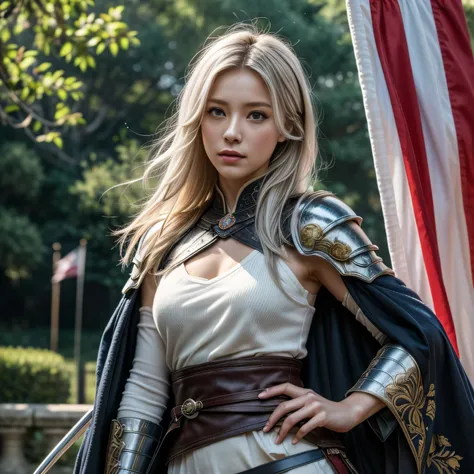 photorealistic, masterpiece, photorealistic, high resolution, soft light, hips up, blue eyes, white hair, long hair, Intricate details EABA, cloaks, short steel claws, Royal Shogun, Armor, warrior, flags in windy hill