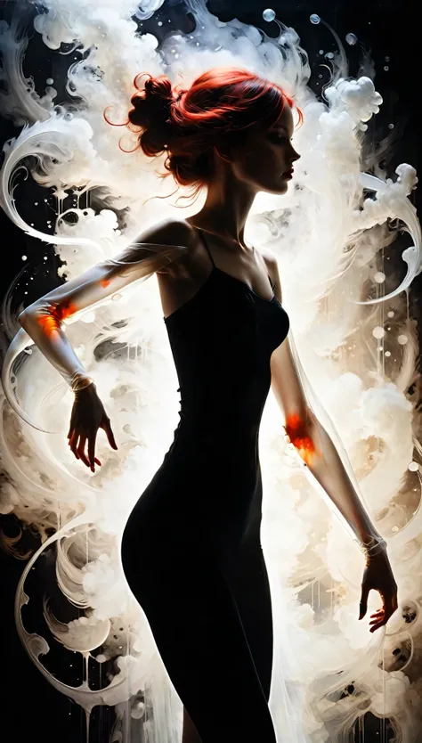 (in style of John Bauer:0.8),in style of Ashley Wood,in style of Lillian Bassman,
1girl,(black silhouette body:1.2),(translucent arms:3.0),it was as if there was a nebula swirling in arms,(nebulas glowing arms:1.3),black_background,body silhouette,red eyes...