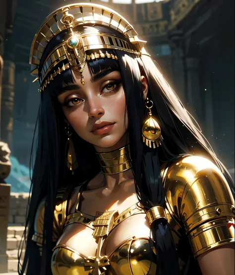 Una imagen de una mujer, cleopatra, cabello largo y negro, cleopatra de Egipto, cuerpo hermoso, buena iluminacion, cleopatra, vestiduras doradas, buena iluminacion, rostro cercano, cleopatra de Egipto, facciones cleopatra de Egipto, detalles de oro en joya...