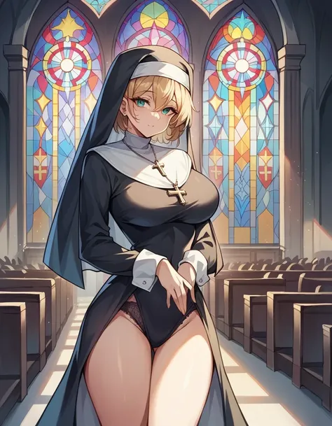 score_9, score_8_up, score_7_up, score_6_up, rating_safe, 1girl, nun, looking at viewer, large breast, panty silhouette, sexy, stained glass, church, indoors, arch,