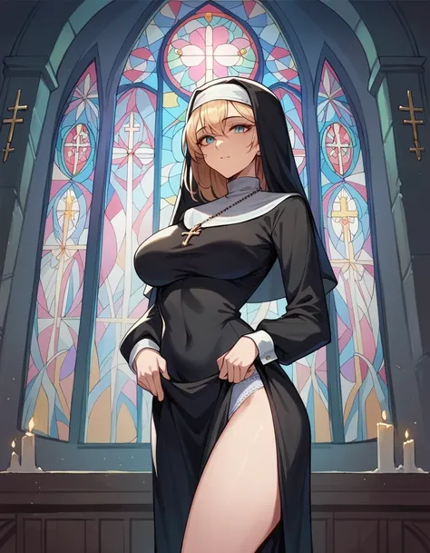 score_9, score_8_up, score_7_up, score_6_up, rating_safe, 1girl, nun, looking at viewer, large breast, panty silhouette, sexy, stained glass, church, indoors, arch,