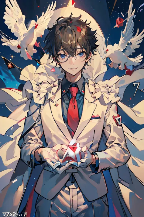 (Mastepiece), (Best Quality), Very detailed, ((17 year old boy:1.5)), Perfect Face, Beautiful Face, Very detailedな顔,(Black short hair:1.3),((White Suit 1.4))、(Blue Shirt)、(Pink tie)、((White Top Hat 1.4))、((White Cape:1.4))、(White Gloves 1.4)、(Monocle 1.3)、...