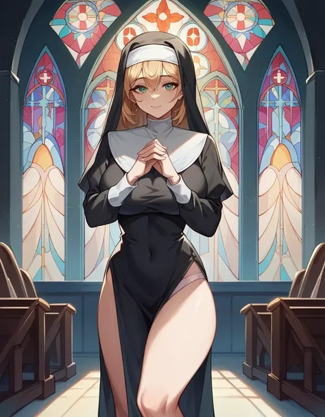 score_9, score_8_up, score_7_up, score_6_up, rating_safe, 1girl, nun, looking at viewer, large breast, panty silhouette, sexy, s...