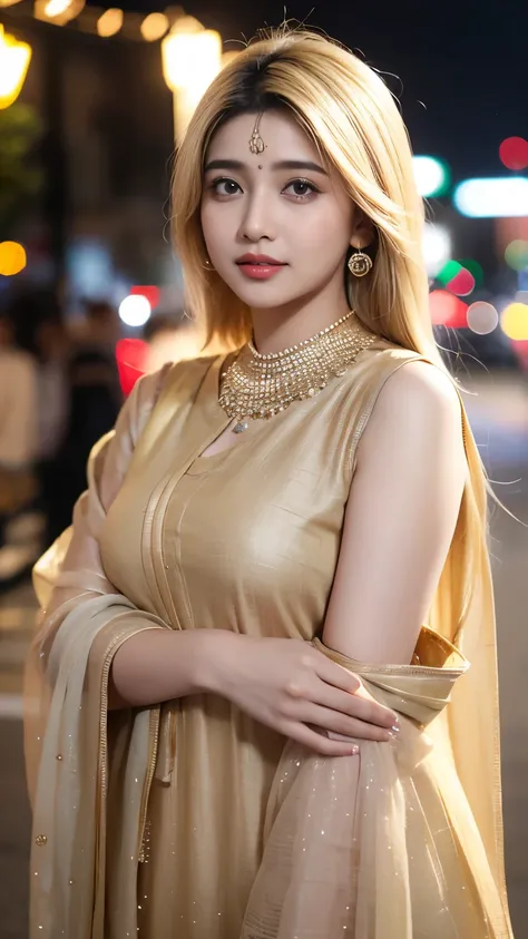 (((desi girl))), chubby face, natural skin, wearing hot deep neck top and dupatta, charming black hair, ((hair ends are blonde)), city streets background, bokeh