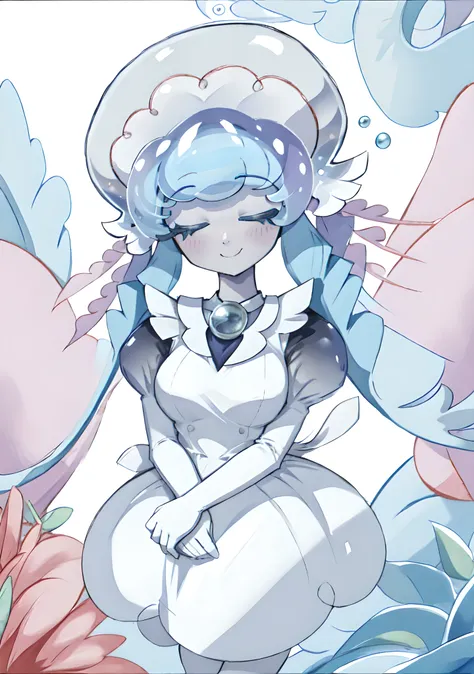 (masterpiece, best quality, highres, ultra detailed:1.2), (solo, 1girl, full body), frilledjellyfish, monster girl, closed eyes, blue hair, tentacle hair, white dress, puffy sleeves, no legs, BREAK, smile, closed mouth, facing viewer, BREAK, (underwater, o...