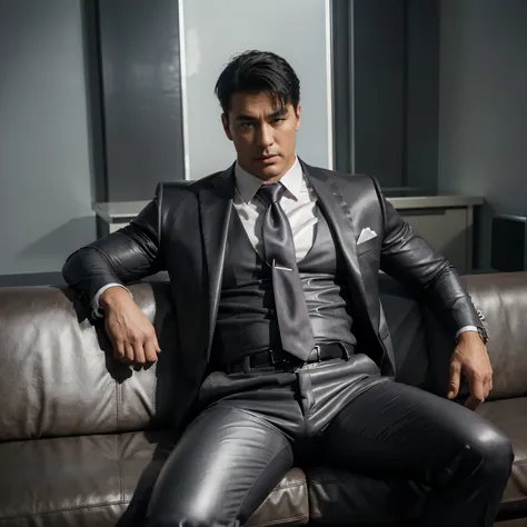 30 years old,daddy,"shiny suit",wear white shirt, super glossy pants, necktie, waistcoat, shiny satin trousers,dark gray satin f...