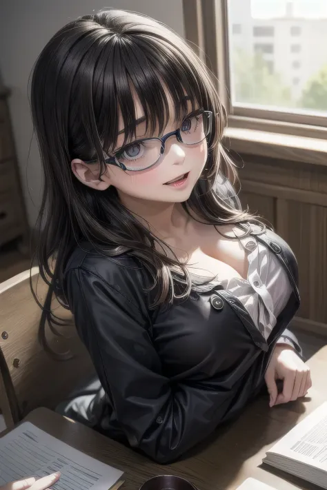 (Tabletop:1.0), (highest quality:1.4), (High resolution:1.2), From the side,Sharp contours,  boyish, highest quality, masterpiece,Glasses,Voice of the Heart,20-year-old woman,yandere,Big Breasts,Chest to chest,Lying face down,Upper Body,Ecstasy,saliva,blus...