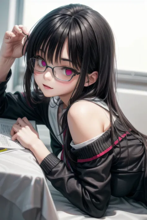 (Tabletop:1.0), (highest quality:1.4), (High resolution:1.2), From the side,Sharp contours,  boyish, highest quality, masterpiece,Glasses,Voice of the Heart,20-year-old woman,yandere,Big Breasts,Chest to chest,Lying face down,Upper Body,Ecstasy,saliva,blus...