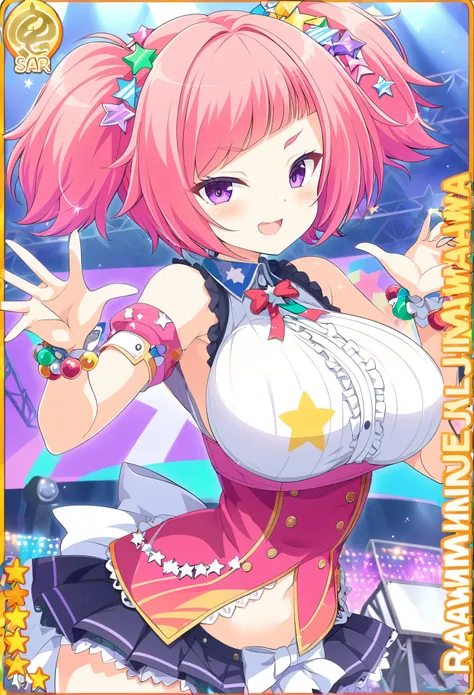 NEJIKAWARAIMU, PINK HAIR, SHORT TWINTAILS, HAIR BOBBLES, STAR HAIR ORNAMENT, ASYMMETRICAL BANGS, SHORT HAIR, PURPLE EYES,, large breasts, live stage, solo,