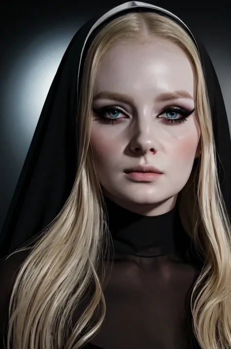 woman pretty, blonde,blackveil,nun sheer dress,pale,eyeliner,portrait,no-makeup ,full body, makeup ,pale woman painting, eyeline...