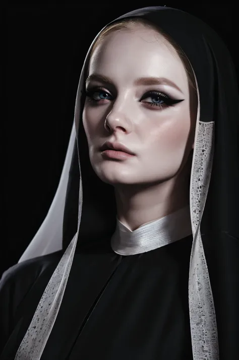 woman pretty, blonde,blackveil,nun sheer dress,pale,eyeliner,portrait,no-makeup , makeup ,pale woman painting, eyeliner  wonderf...