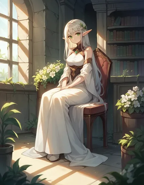 score_9, score_8_up, score_7_up, score_6_up, rating_safe, 1girl, elf, long hair, looking at viewer, d3c4y, overgrown, sunlight, indoors, bookshelf, cowboy shot, ruins, flower, chair, sitting, plants