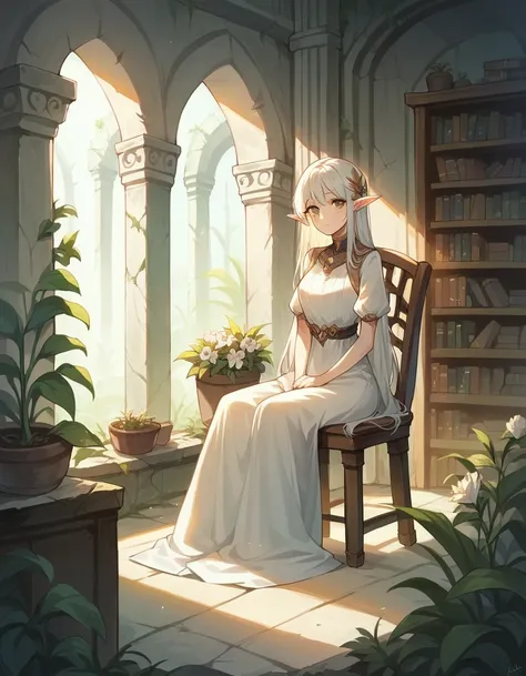 score_9, score_8_up, score_7_up, score_6_up, rating_safe, 1girl, elf, long hair, looking at viewer, d3c4y, overgrown, sunlight, indoors, bookshelf, cowboy shot, ruins, flower, chair, sitting, plants