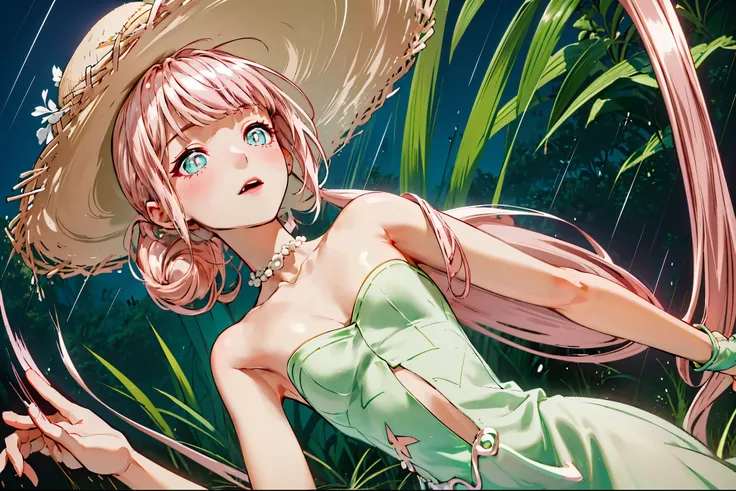 (((pearl pink hair,emerald pupils))),((beautiful and detailed)),(blushing), (geometric:1.1),(((lean on grassland,raining,farmland))), ((1girl,amazing,adorable girl,solo,))(Masterpiece,Best quality, offcial art, Beautiful and aesthetic:1.2),(4k,HD,HRS),((sm...