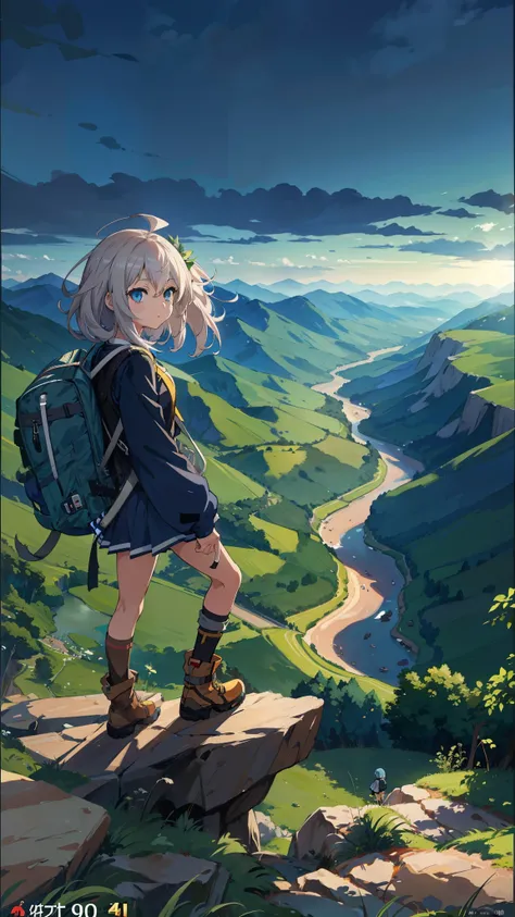 A teenage girl with a backpack and hiking boots stands on a cliff overlooking a vast valley. Lush green forests fill the valley floor, with a winding brown river snaking through it. The sky is a gradient of dark blue fading to light blue at the horizon, wi...