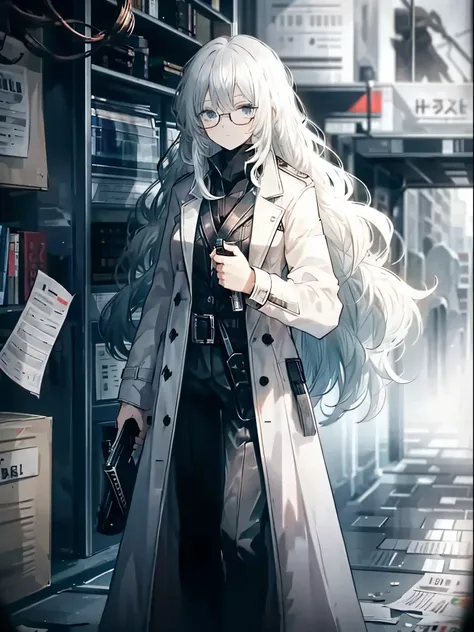 girl，long white hair，white trench coat，wear glasses，holding a book in left hand，gun in right hand