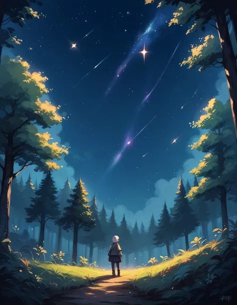 score_9, score_8_up, score_7_up, score_6_up, rating_safe, sc3n3ry, star (sky), starry sky, 1girl, forest,